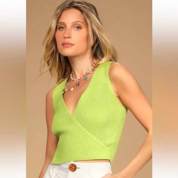 Vibes of Summer Lime Green Faux-Wrap Cropped Sweater Tank Top - Picture 1 of 6